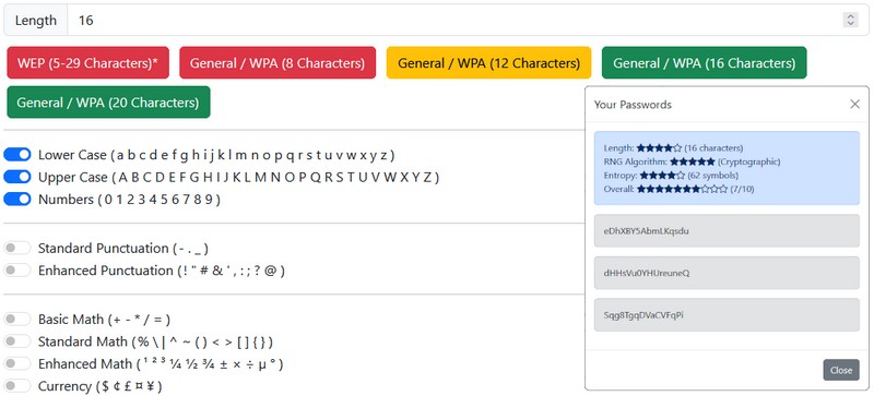 Highly Customisable General Password Or WEP / WPA / WPA2 / WPA3 Key Generator Tool